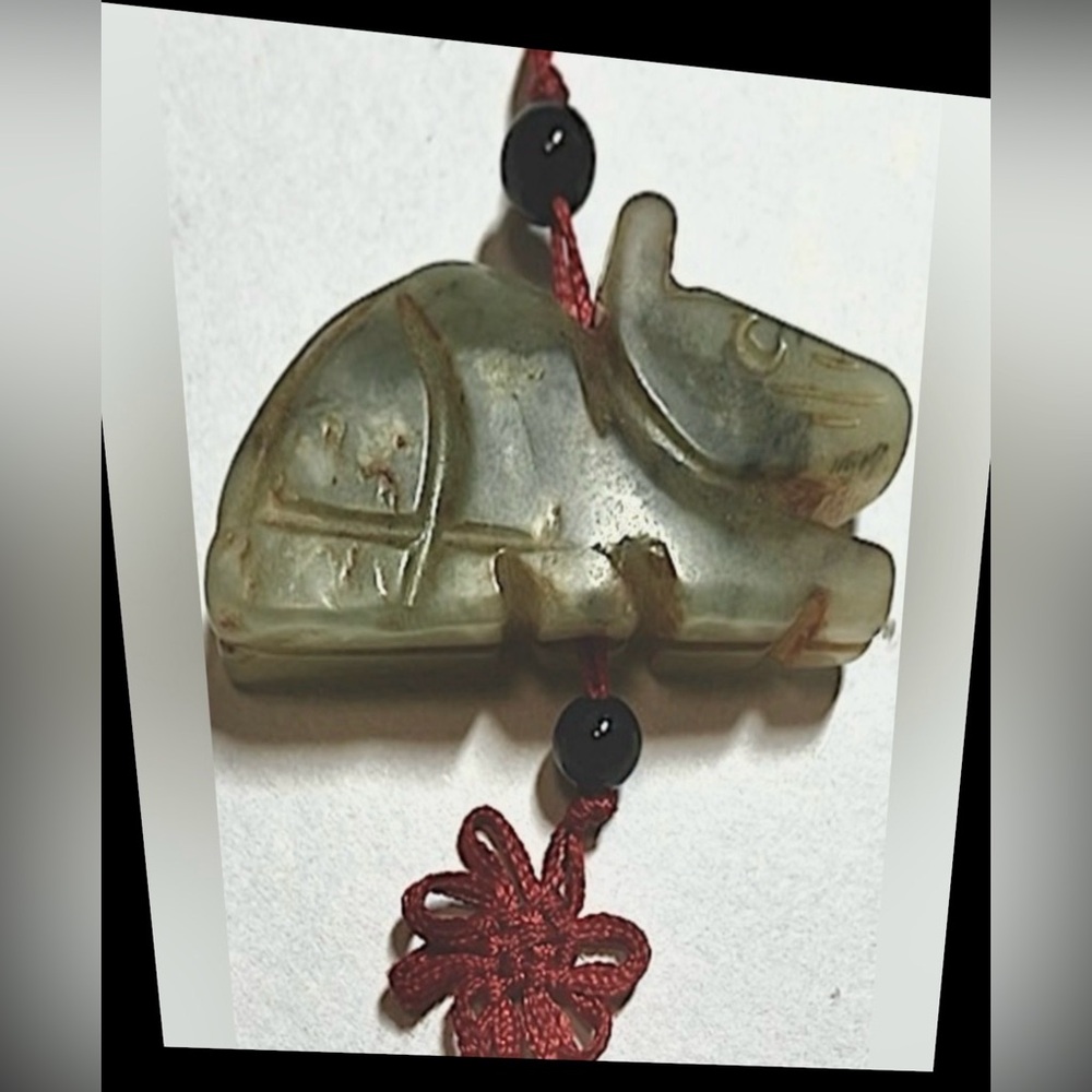 Antique Green Jade Netsuke Hare Pendant Handcrafted Carved in Japan Size 1 5/8”